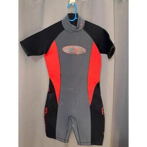 Ocean Pacific Kids Shorty Wetsuit Gray/Red Black Panels Size S Warm Water Surf S